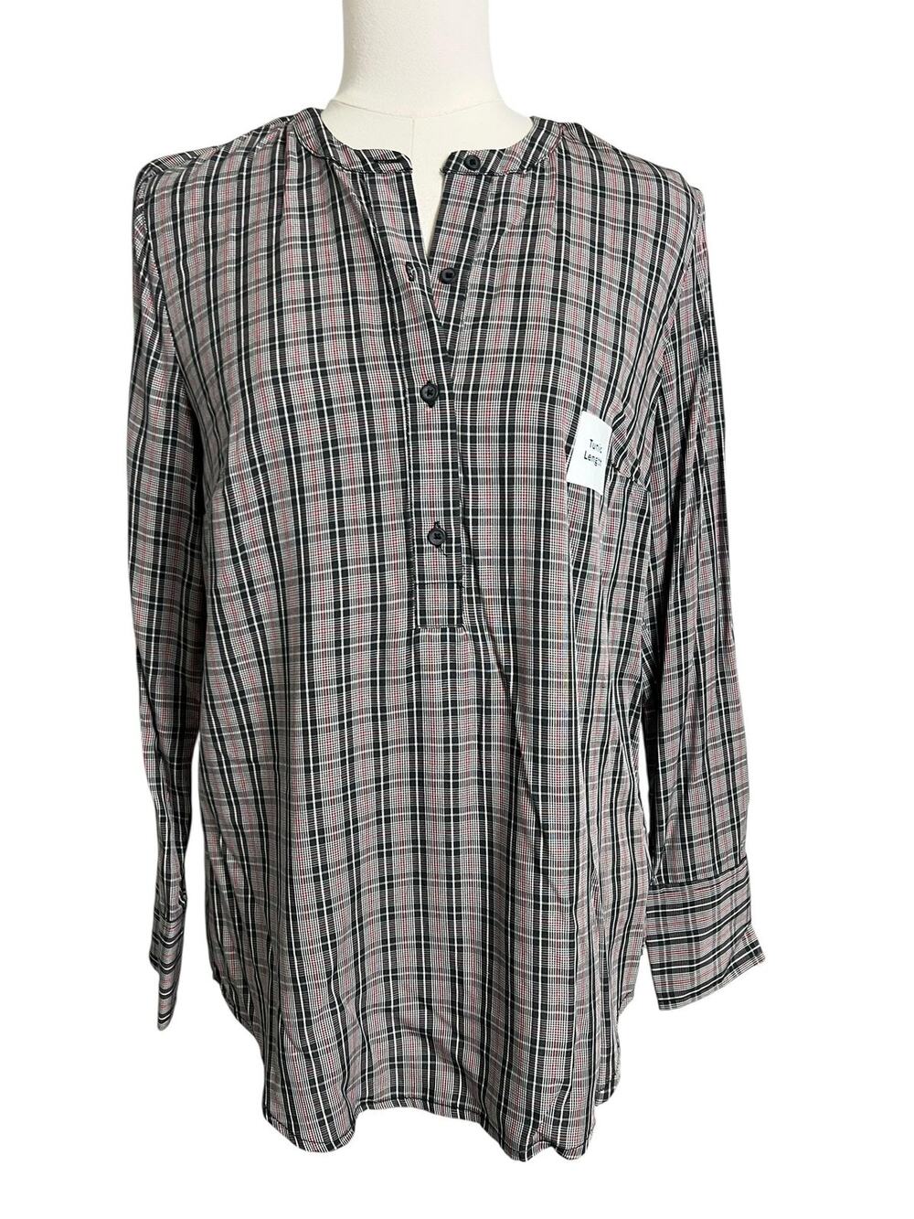 Old Navy Tunic Blouse Womens Small Black Pink Plaid Long Sleeve Henley Top